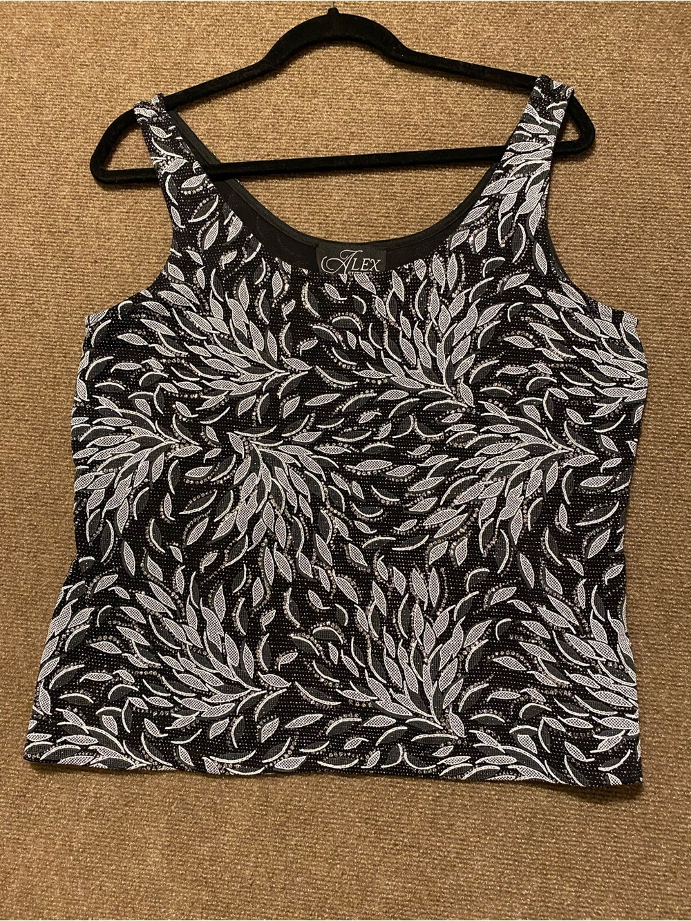 Alex Evenings Black Silver Glitter Brocade Foil Print Shell Size L